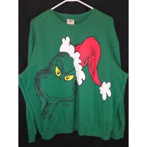 Dr Seuss The‎ Grinch Christmas Sweatshirt Mens XL Green Santa Hat Holiday